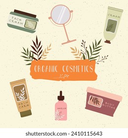 Set of eco friendly cosmetics items. Organic makeup collection. Cream, body butter and serum illustrations