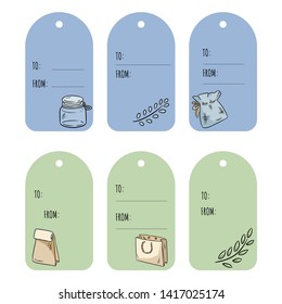 Set with eco friendly doodles gift tags. Ecological and zero-waste labels collection. Go green