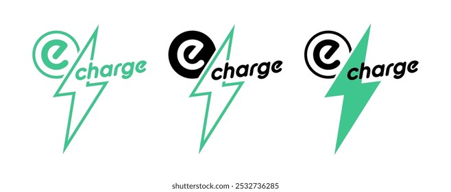 Set of eco friendly electric charge logos featuring a lightning bolt symbol and modern typography. Can be use for branding electric vehicles, charging stations, and energy-related services