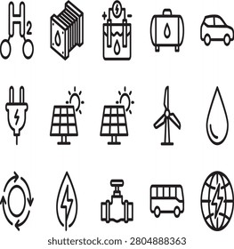 Set of eco friendly energy icons and sustainable power solutions with renewable sustainable electric environment solarpanel electricity transport industry technology graphical
