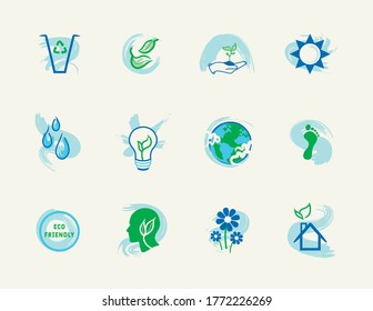 Set of Eco Friendly Environmental Icons. Vector style simple illustrations about caring for the environment, green energy, and climate change action.