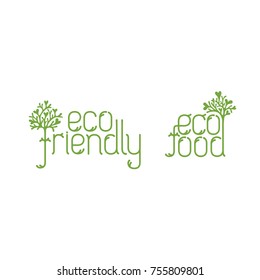 Set of eco friendly and eco food label. Vector logo of vegan food with tree and leaves