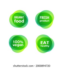 Set von umweltfreundlichen grünen Abzeichen Design. Kollektion von veganischen, biologischen, ökologischen Lebensmitteln, Etiketten von glutenfreien und natürlichen Produkten, Aufkleber für gesunde Lebensmittel, Vektordesign