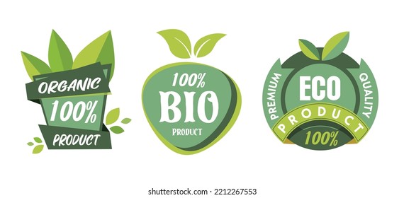 Set of eco friendly green badges design. organic food, gluten free, and natural products labels. Eco stickers for labeling package, food, cosmetics. Hand drawn style.