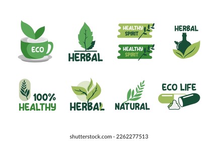 Set of eco friendly green badges design. Collection of vegan ,bio, organic food, gluten free, and natural products labels. Eco stickers for labeling package