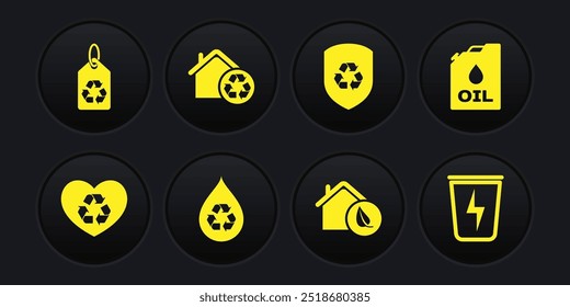 Set Eco friendly heart, Canister machine oil, Recycle clean aqua, house, inside shield, House with recycling, Lightning trash can and Tag recycle icon. Vector