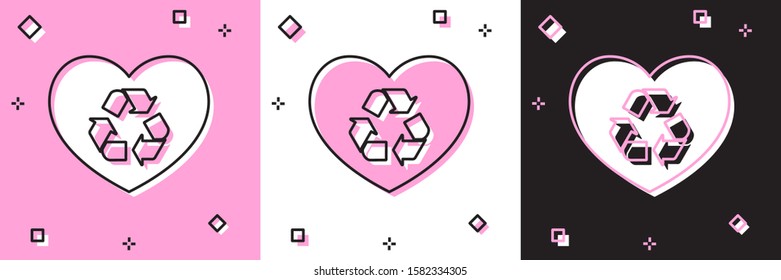 Set Eco friendly heart icon isolated on pink and white, black background. Heart eco recycle nature bio. Environmental concept.  Vector Illustration