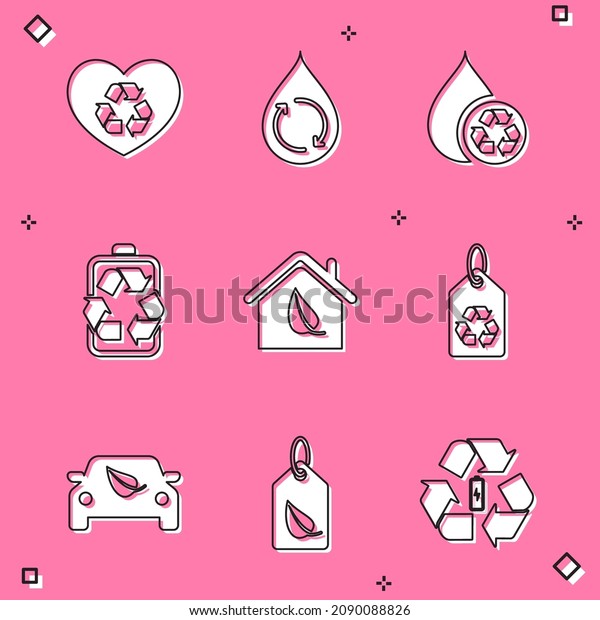 Set Eco\
friendly heart, Recycle clean aqua, Battery with recycle, house,\
Tag, car drive leaf and  icon.\
Vector