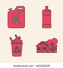 Set Eco friendly house, Bio fuel canister, Plastic bottle and Recycle bin with recycle symbol icon. Vector