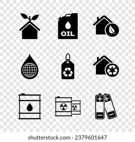 Set Eco friendly house, Canister machine oil, Oil barrel, Radioactive waste, Battery, Earth planet water drop and Tag with recycle icon. Vector