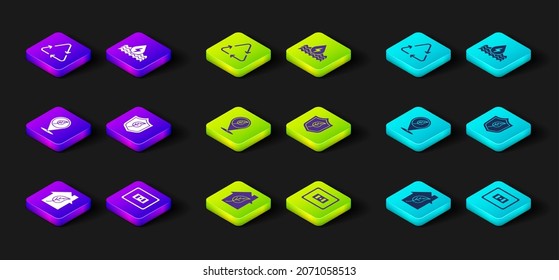 Set Eco friendly house, Electrical outlet, Location with leaf, Shield, Water energy and Recycle symbol icon. Vector