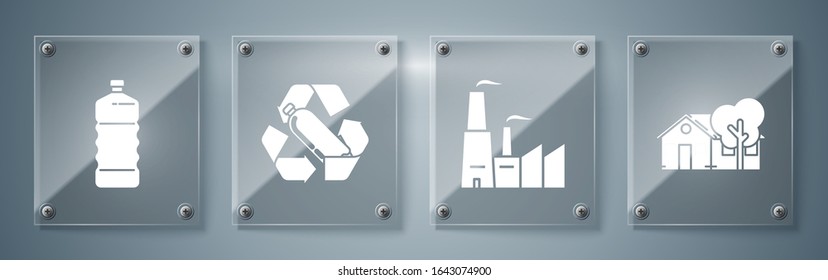 Set Eco friendly house, Factory, Recycling plastic bottle and Plastic bottle. Square glass panels. Vector