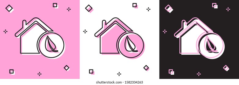 Set Eco friendly house icon isolated on pink and white, black background. Eco house with leaf.  Vector Illustration