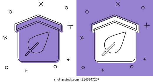 Establezca el icono de la casa amigable con el Eco aislado sobre fondo blanco y violeta. Casa ecológica con hoja.  Vector