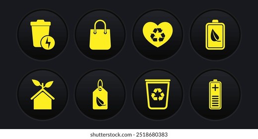 Set Eco friendly house, nature leaf and battery, Tag with, Recycle bin recycle, heart, Shopping bag, Battery charge level indicator and Lightning trash can icon. Vector