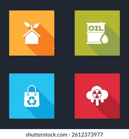 Set Eco friendly house, Oil barrel, Shopping bag with recycle and Acid rain and radioactive cloud icon. Vector