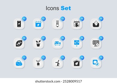 Set Eco friendly house, Plant in pot, Calendar with autumn leaves, Water mill, Electrical outlet, Solar energy panel, Mobile phone leaf and Garbage truck icon. Vector