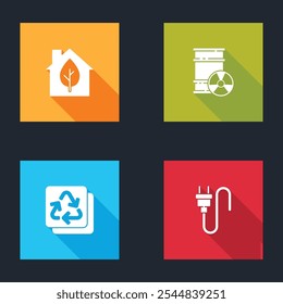 Set Eco friendly house, Radioactive waste in barrel, Recycle and Electric plug icon. Vector