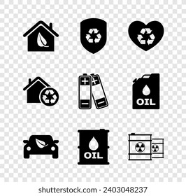 Öko-freundliches Haus einrichten, Innenschild recyceln, Herz, Auto fahren mit Blatt, Ölfass, radioaktive Abfälle, Hausrecycling und Batteriesymbol. Vektorgrafik