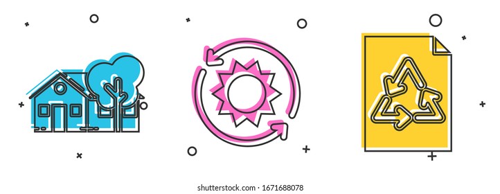 Set Eco friendly house, Solar energy panel and Paper with recycle icon. Vector