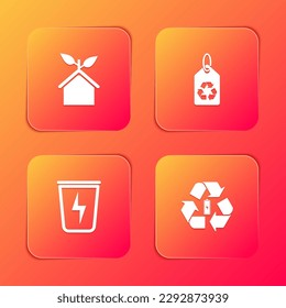 Set Eco friendly house, Tag with recycle, Lightning trash can and Battery icon. Vector