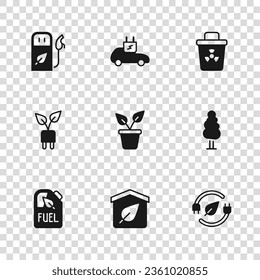 Set Eco friendly house, Tree, Electric saving plug in leaf, Plant pot, Infectious waste, Petrol or gas station, car and  icon. Vector