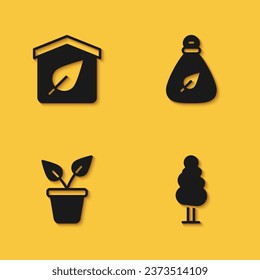 Set Eco friendly house, Tree, Plant in pot and Garbage bag icon with long shadow. Vector