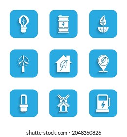 Set Eco friendly house, Wind turbine, Electric car charging station, Location with leaf, LED light bulb, Earth globe and and Light icon. Vector
