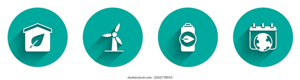 Set Eco friendly house, Wind turbine, nature leaf battery and World Earth day icon with long shadow. Vector