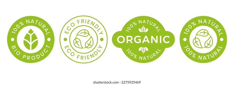 Set of eco friendly icons. Ecologic food stamps. Organic natural food labels.