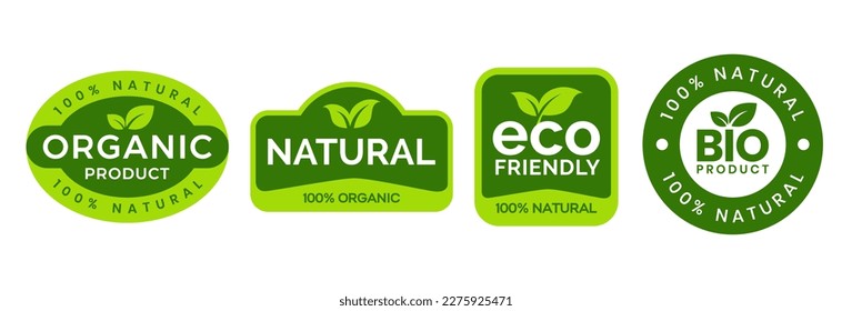 Set of eco friendly icons. Ecologic food stamps. Organic natural food labels.