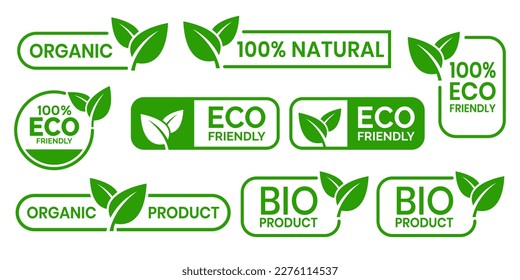 Set of eco friendly icons. Ecologic food stamps. Organic natural food labels.