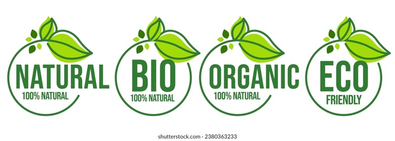 Set of eco friendly icons. Ecologic food stamps. Organic natural food labels.	