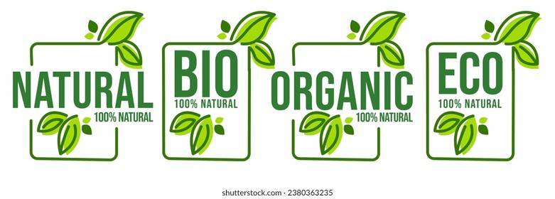 Conjunto de iconos ecológicos. Sellos ecológicos de comida. Etiquetas de comida natural orgánica.	
