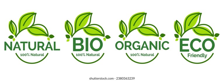 Set of eco friendly icons. Ecologic food stamps. Organic natural food labels.	