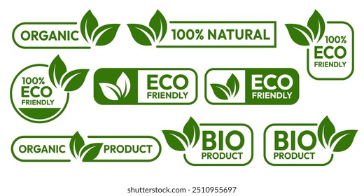 Set of eco friendly icons. Ecologic food stamps. Organic natural food labels.