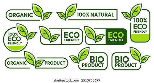 Set of eco friendly icons. Ecologic food stamps. Organic natural food labels.