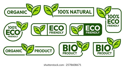 Set of eco friendly icons. Ecologic food stamps. Organic natural food labels. 100% natural, bio, vegan, green, icon, logo, badge, sticker, emblem, symbol, line, flat vector, isolated illustration.