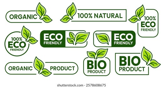 Set of eco friendly icons. Ecologic food stamps. Organic natural food labels. 100% natural, bio, vegan, green, icon, logo, badge, sticker, emblem, symbol, line, flat vector, isolated illustration.