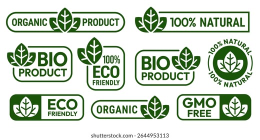 Set of eco friendly icons. Ecologic food stamps. Organic natural food labels.