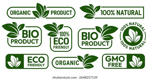 Set of eco friendly icons. Ecologic food stamps. Organic natural food labels.	