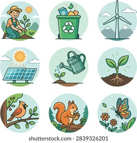 Set of eco friendly icons featuring planting recycling solar panels wind turbine and nature elements
