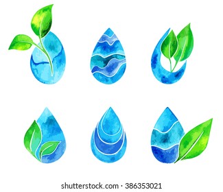 Set of eco friendly indigo spots of water. Pure watercolor blue drops with green plants. Logo.