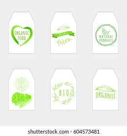 Set of eco friendly labels. Packaging tags, card design for organic food, healthy product, 100% natural concepts. Vector illustration