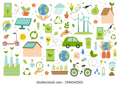 Set of eco friendly lifestyle, environment protection, alternative energy, care about nature. Green factory, preservation ecology. Flat Vector illustration in hand drawn style.