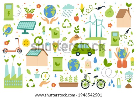 Set of eco friendly lifestyle, environment protection, alternative energy, care about nature. Green factory, preservation ecology. Flat Vector illustration in hand drawn style.