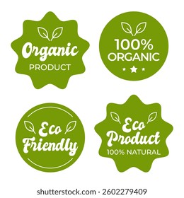 Set Eco friendly logo, organic product icon label. 100% eco environmentally symbol. Natural food stamp