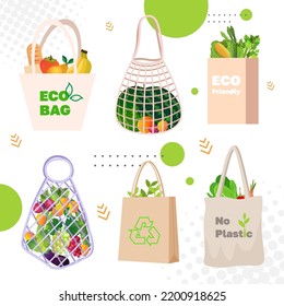 set eco friendly natural bags with organic fruits and vegetables sustainable lifestyle package free food shopping