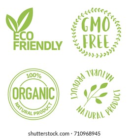 Set of eco friendly and organic labels. Gmo Free food labels for products packaging. White text green vector illustration
