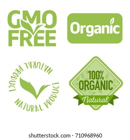 Set of eco friendly and organic labels. Gmo Free  food labels for products packaging. White text green vector illustration
